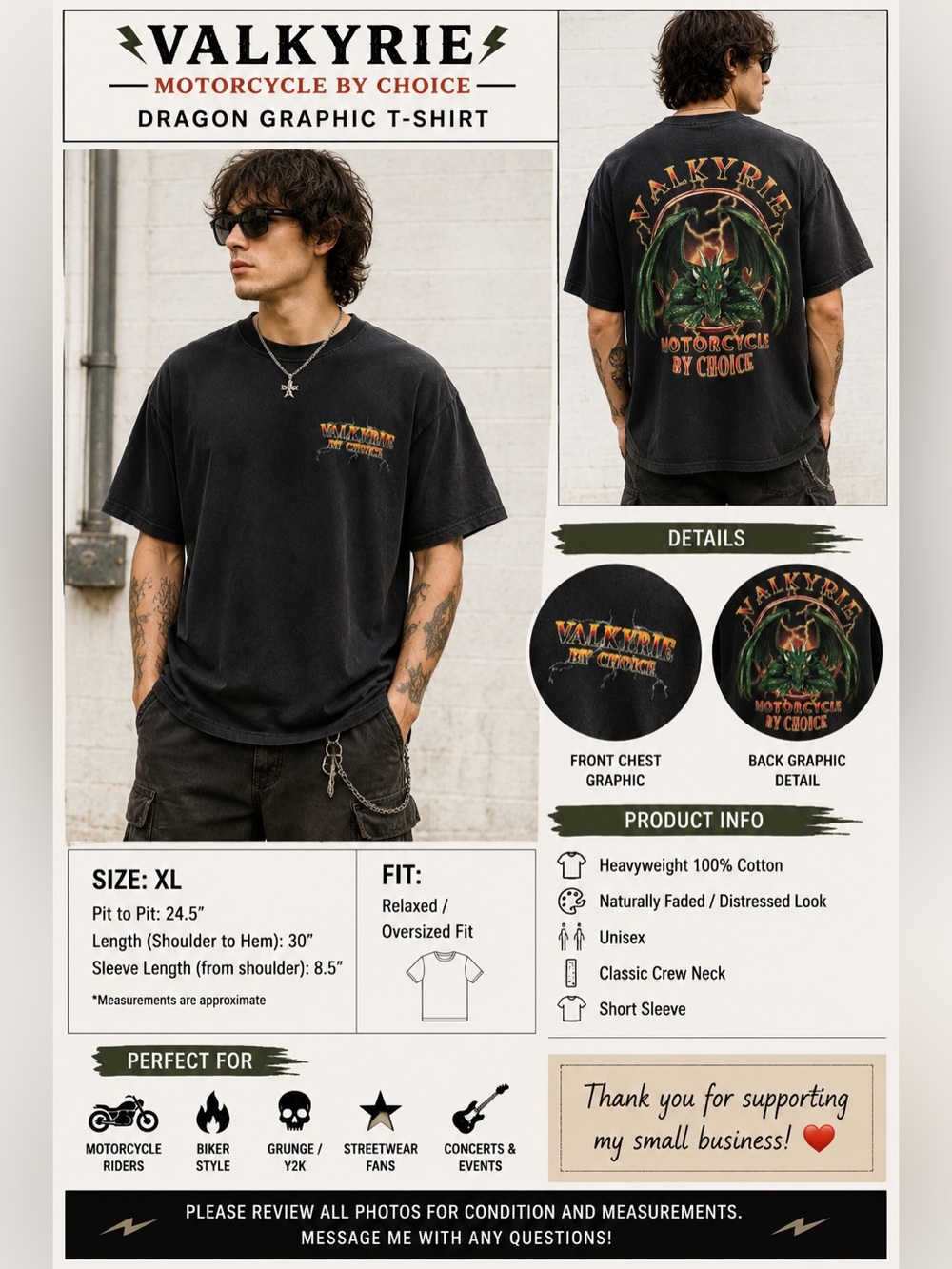 Valkyrie Motorcycle By Choice Distressed Faded Black Dragon Graphic Tee Men's XL